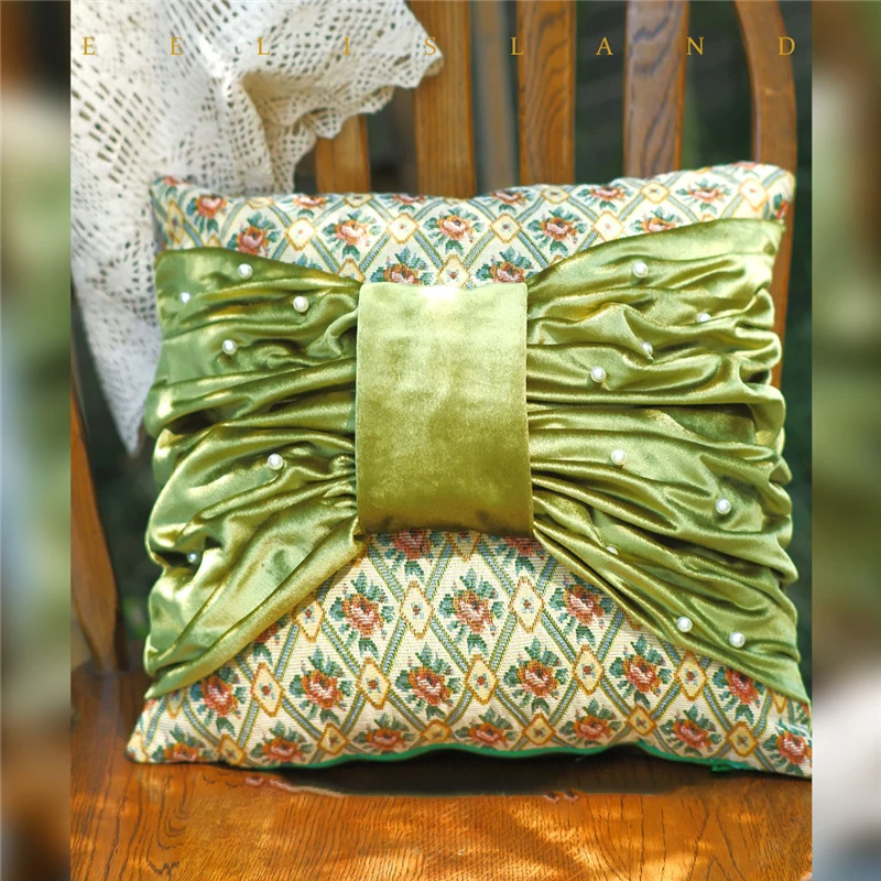 Vintage Green Pillow French Bow Sofa Decorative Pillowcase Rose Elegant Cushion Cover Velvet Soft Living Room Car Square Pillow