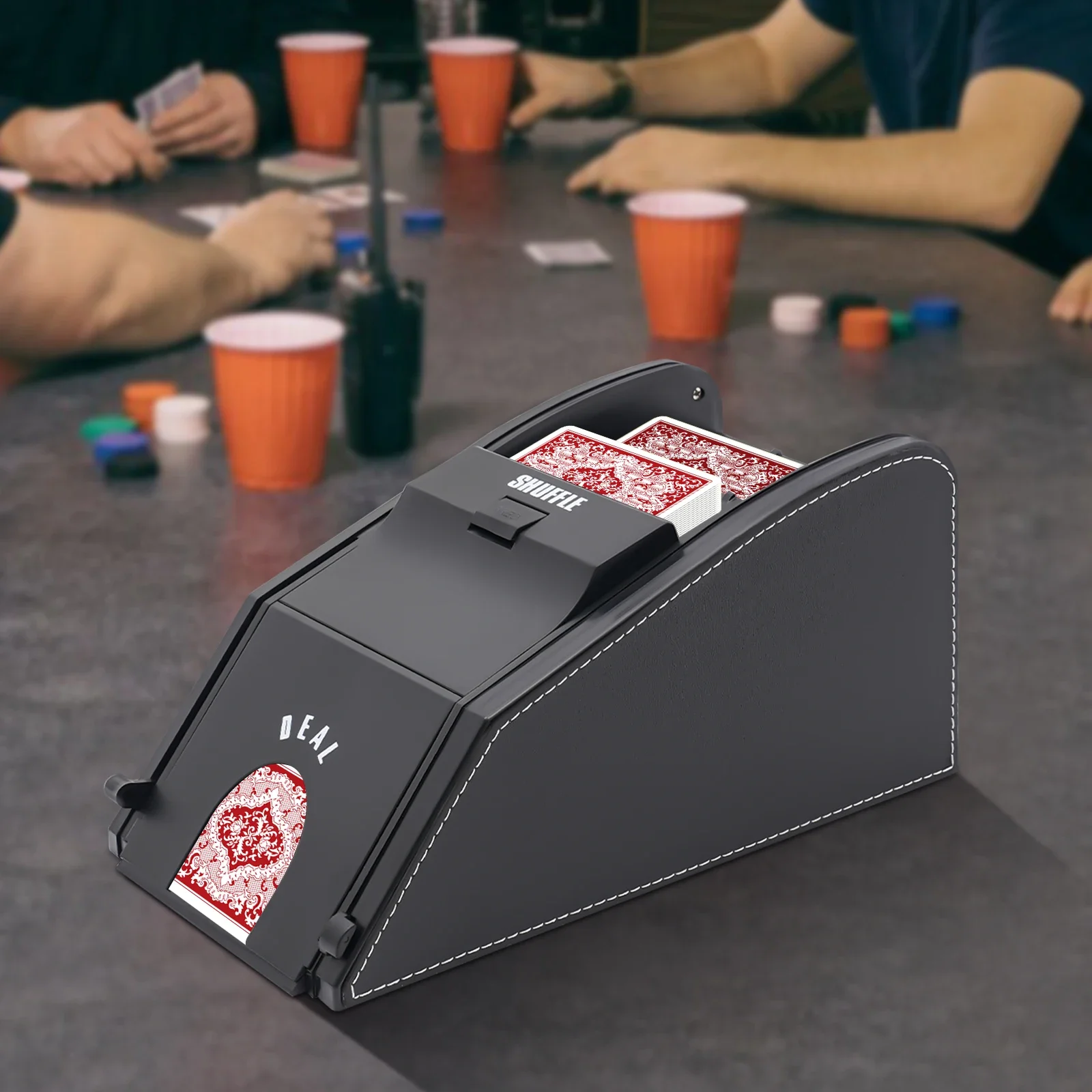 Automatic Electronic Card Shuffler, Luxury Leather and Plastic Grain, Rotating Card Dealer Machine 2in1 Electric Shuffle Tool