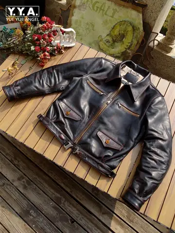 Giacca da uomo in pelle di cavallo di alta qualità Giacca bomber corta slim fit in vera pelle Colletto couverture retrò Cerniere Capispalla antivento
