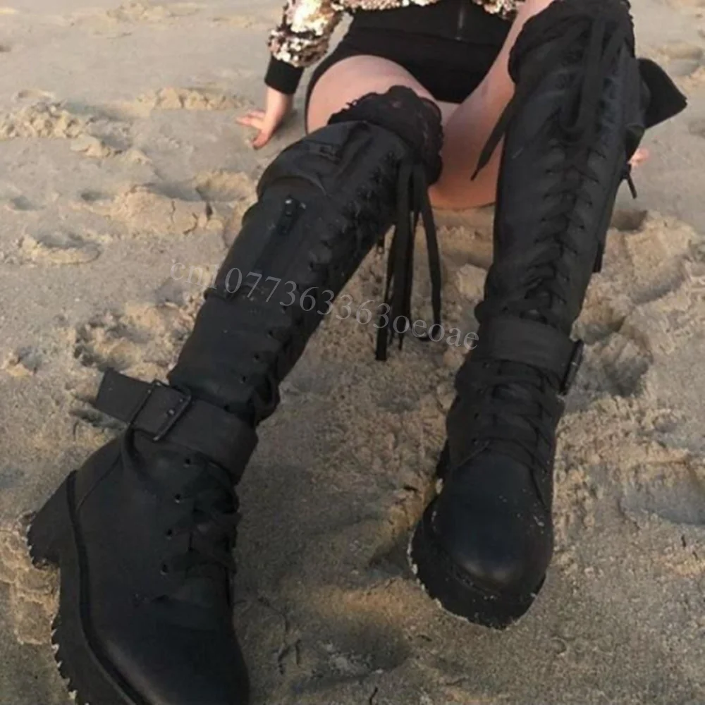 

Black Knee High Flat Boots Round Toe Matte Leather Shoe for Women Cross Tied Pocket Decor Fashion Shoes 2025 Zapatos Para Mujere