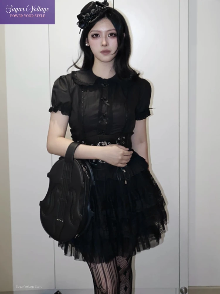 Summer Japanese Lolita Sweet Girls Short-sleeved Tops Women Goth Lace Bow Shirt Single-breasted Blouse Doll Collar Slim Tees New