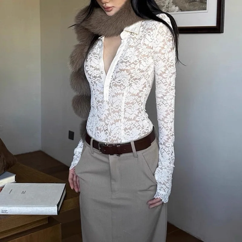 

Женская абрикосовая кружевная уличная рубашка, осенняя новая модная однотонная подкладка, женские утягивающие сексуальные рубашки с длинными рукавами и лацканами