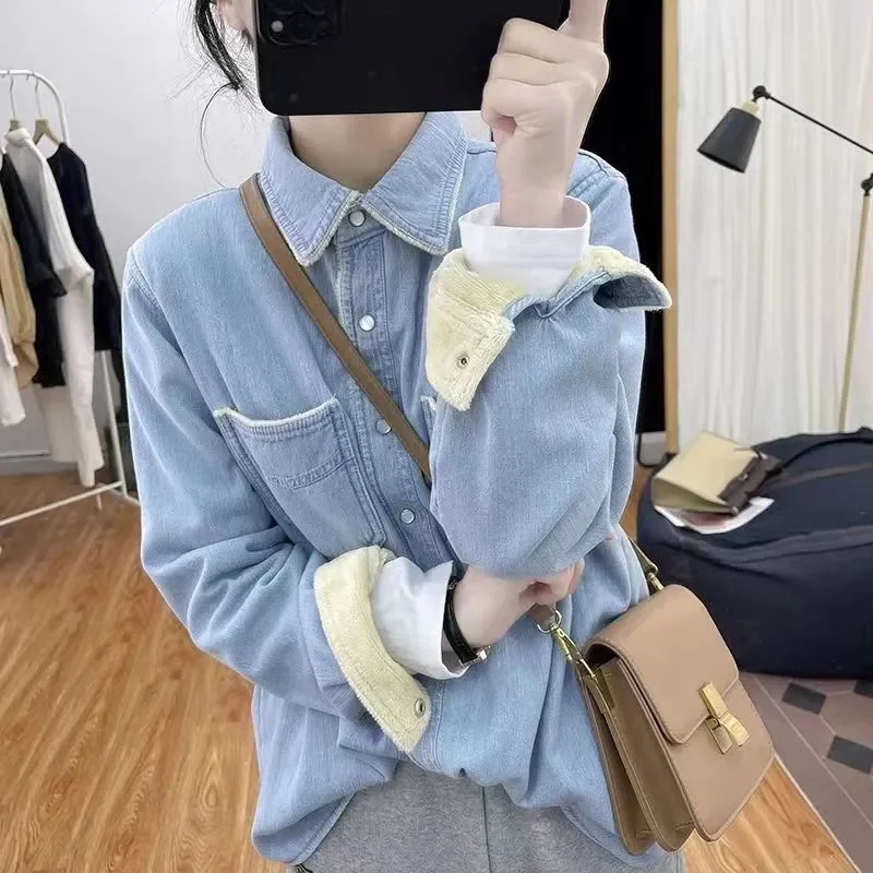 Korean Winter Fashion Boutique Add Velvet Denim Long Sleeve Shirt Women's Top 2025 Thick Collar Thickened Warm Coat For Female