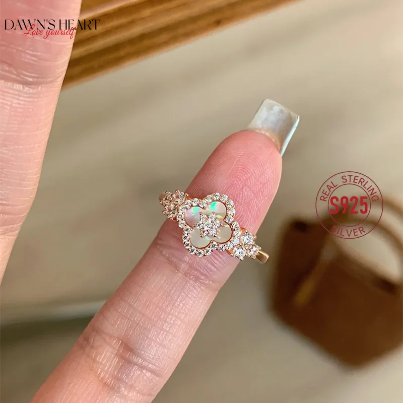 

Кольцо из стерлингового серебра 925 пробы, розовое четырехлистное клеверное кольцо, ракушка для женщин, античный стиль, модное кольцо в форме цветка, открывающееся указательный палец