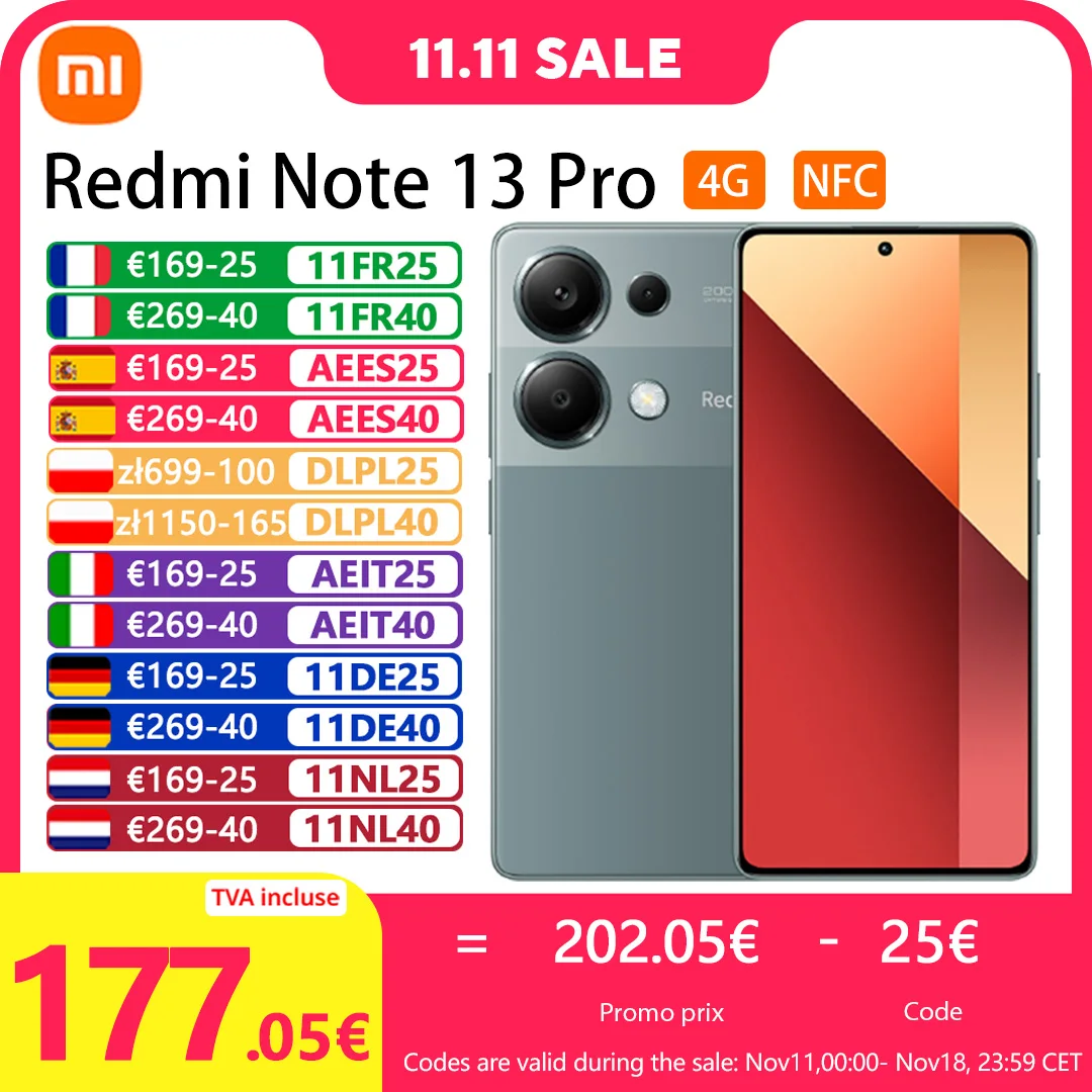 Xiaomi Redmi Note 13 Pro 4G，Smartphones，NFC，120HZ FHD+ AMOLED display，67W charging,200MP camera,Global version