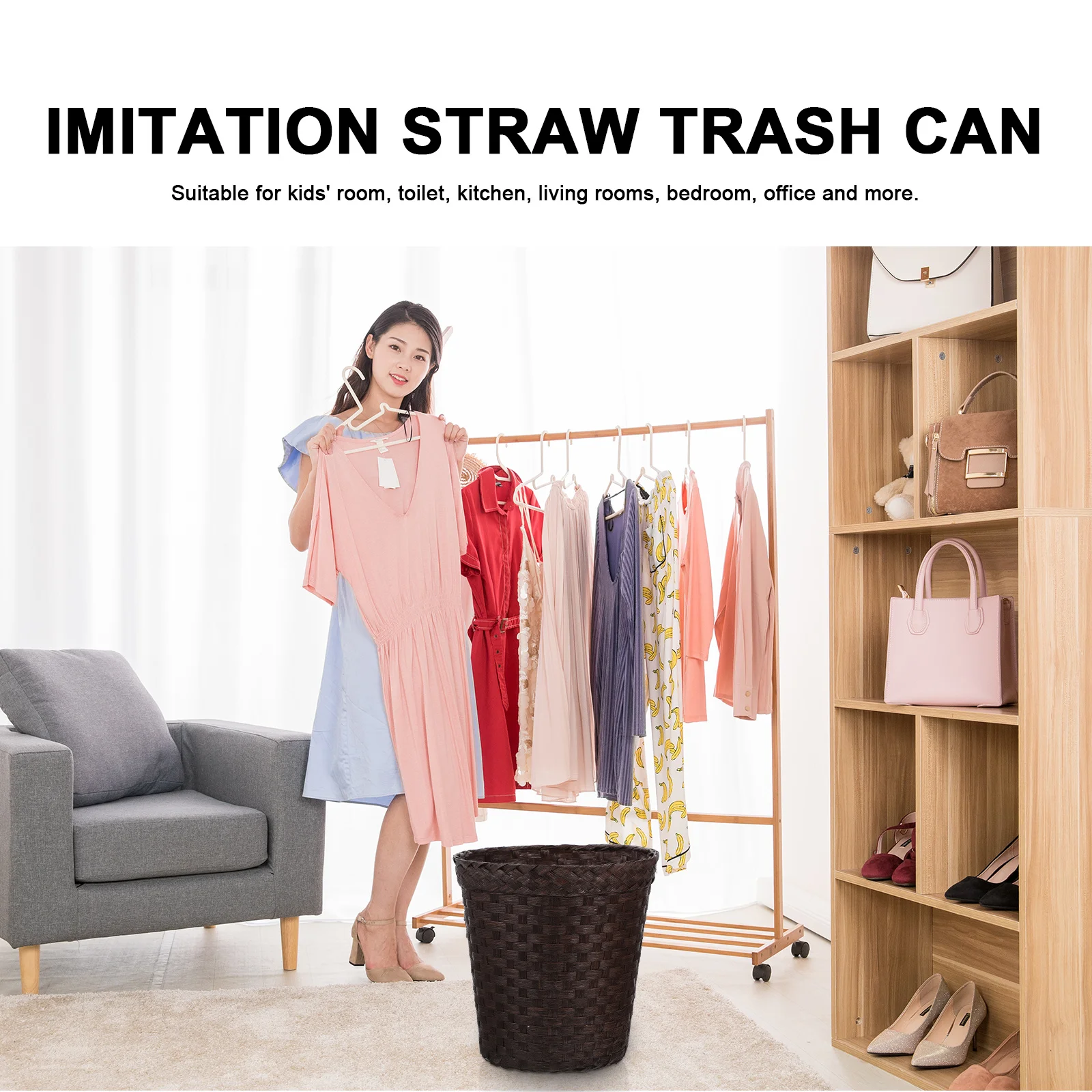 

Woven Straw Basket Multi-Purpose Waste Paper Basket Large-Capacity Home Trash Can Personalized Garbage Can