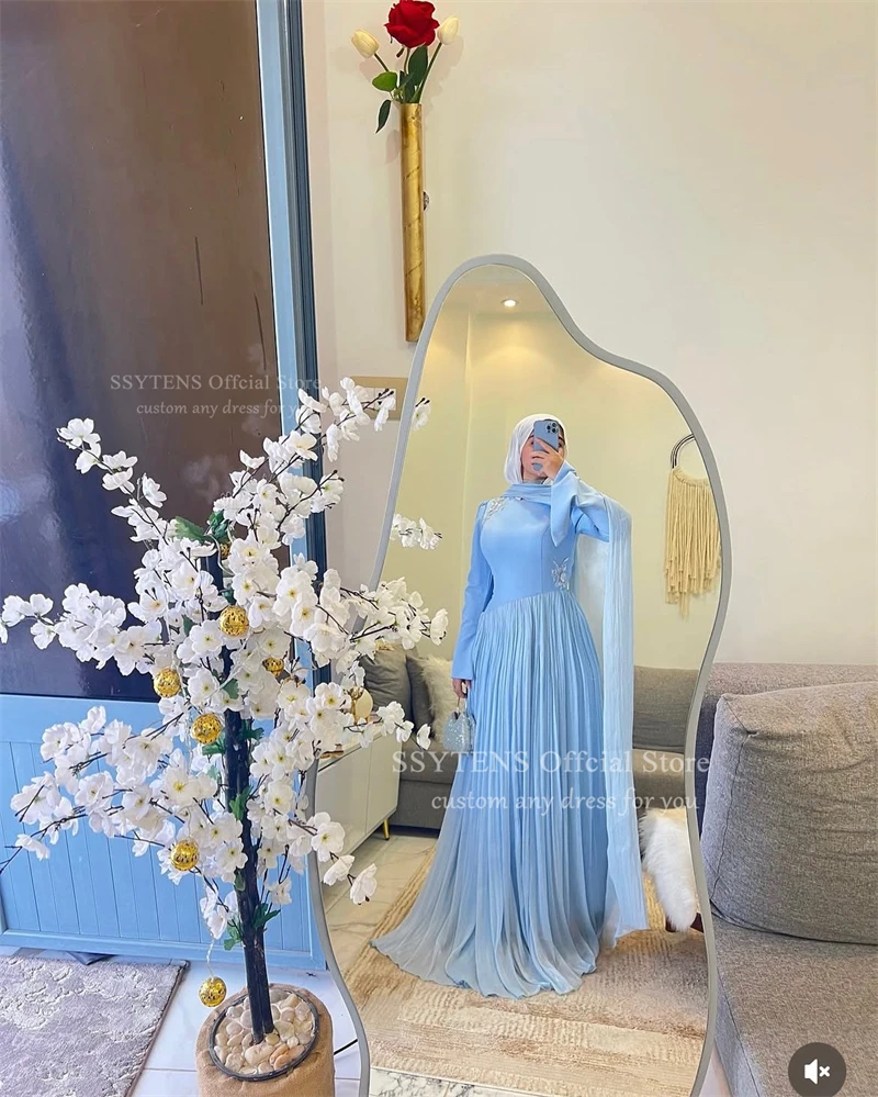 SSYTENS Modesto Musulmano A Line Abiti da cerimonia Piega Abito da sera per donna Appliques Fiori Abito da festa Robe De Bal Personalizzato