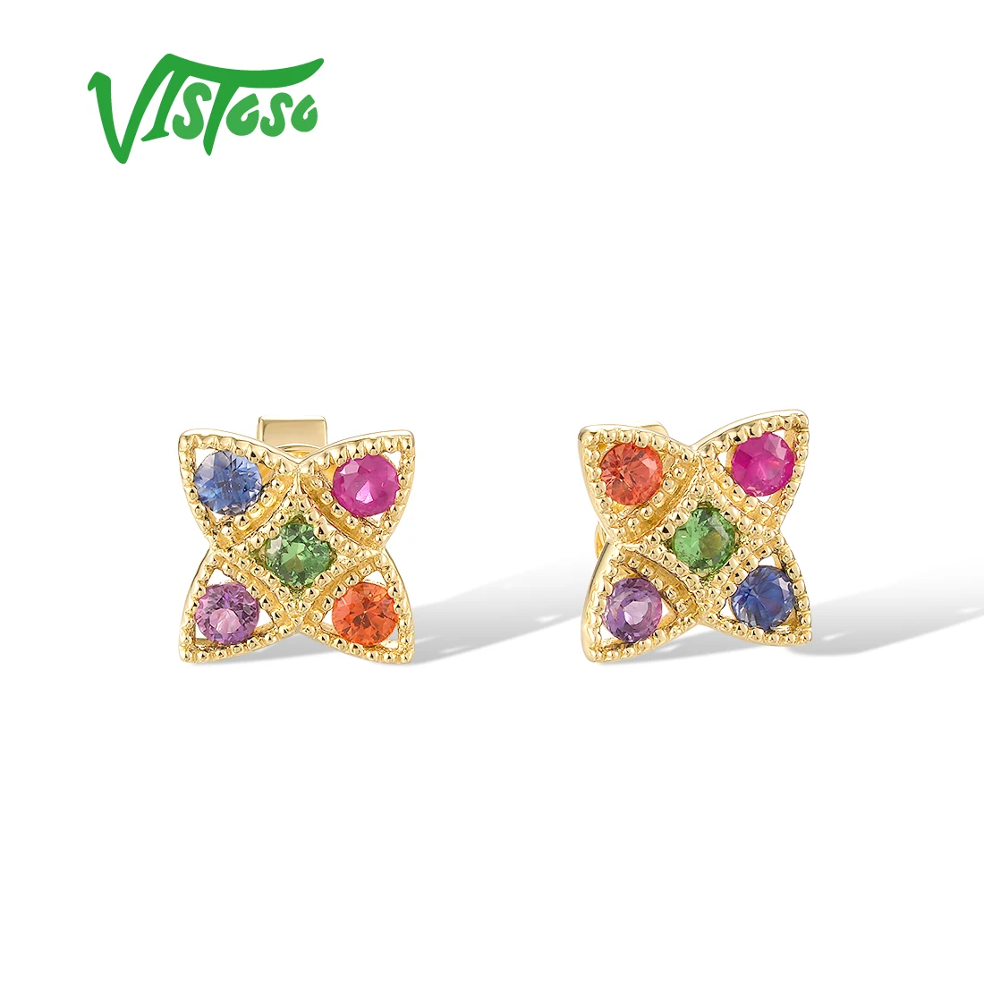 

VISTOSO Real 14K 585 Yellow Gold Stud Earrings For Women Sparkling Multi-Gems Rainbow Delicate Wedding Anniversary Fine Jewelry