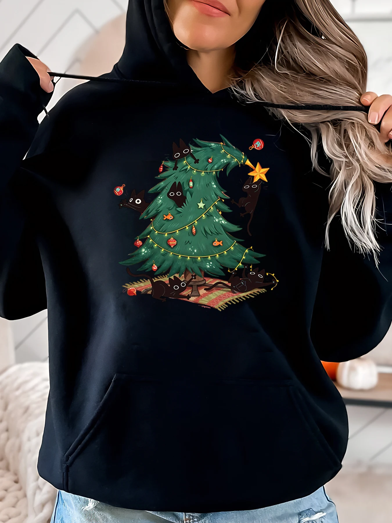 

Cats Christmas Tree Graphic, Holiday Hoodie, Women's Casual Sweatshirt, Festive Outfit, Black, Plus-Size