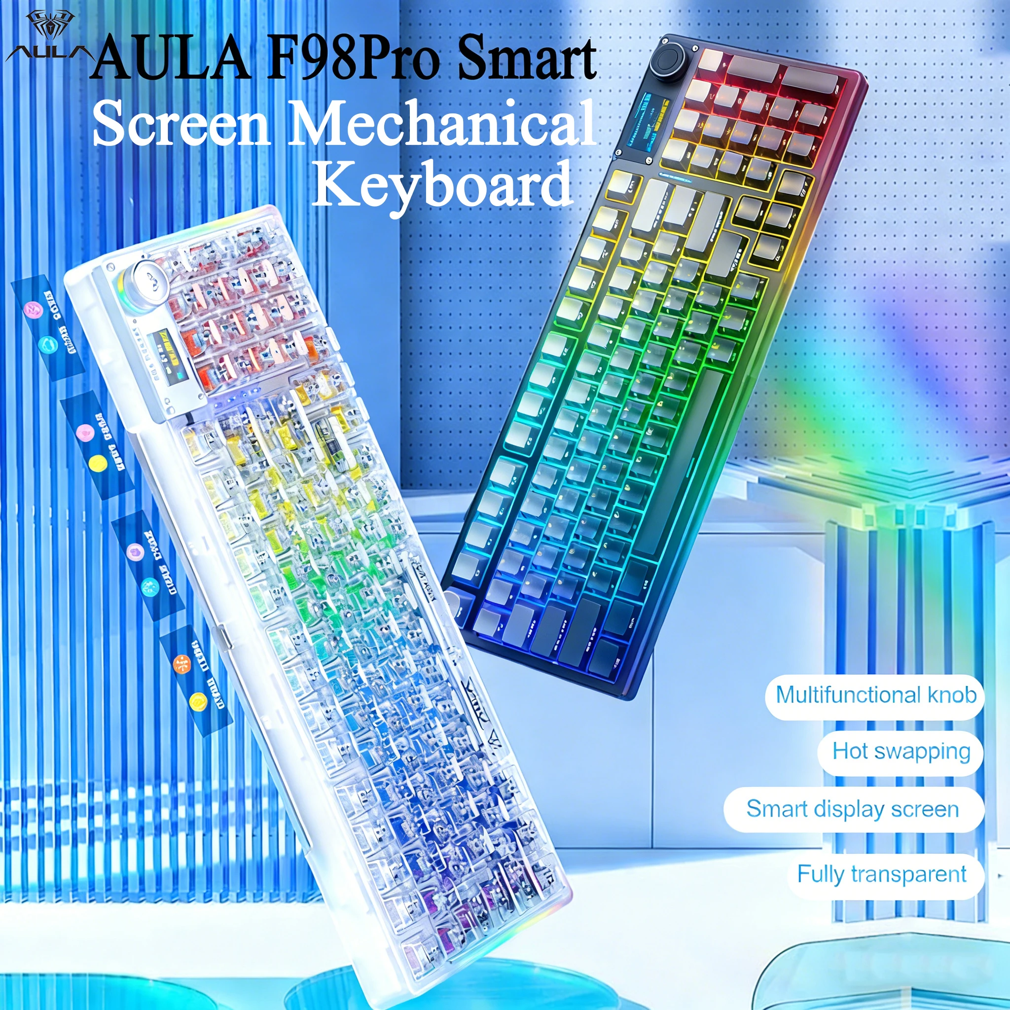 F98pro V3 Wireless Mechanical Keyboard Knob OLED Display Hot Swap RGB Tri-mode BT5.0/2.4G/USB-C Gaming Keyboard for PC