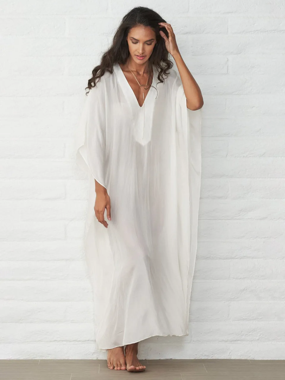 2023 Bikini Cover-ups White Sexy V-neck Kaftan Loose Dress Bohemian Maxi Dresses Women Swimsuit Cover Up Beachwear Sarong Pareo