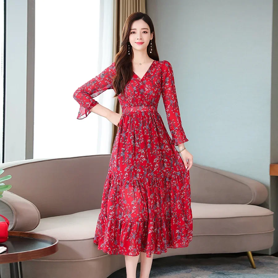 Robe mi-longue en mousseline de soie florale pour femmes, imprimé vintage, rouge, bohème, manches longues, élégante, tambour, fête, éducatif, automne, hiver, 2024