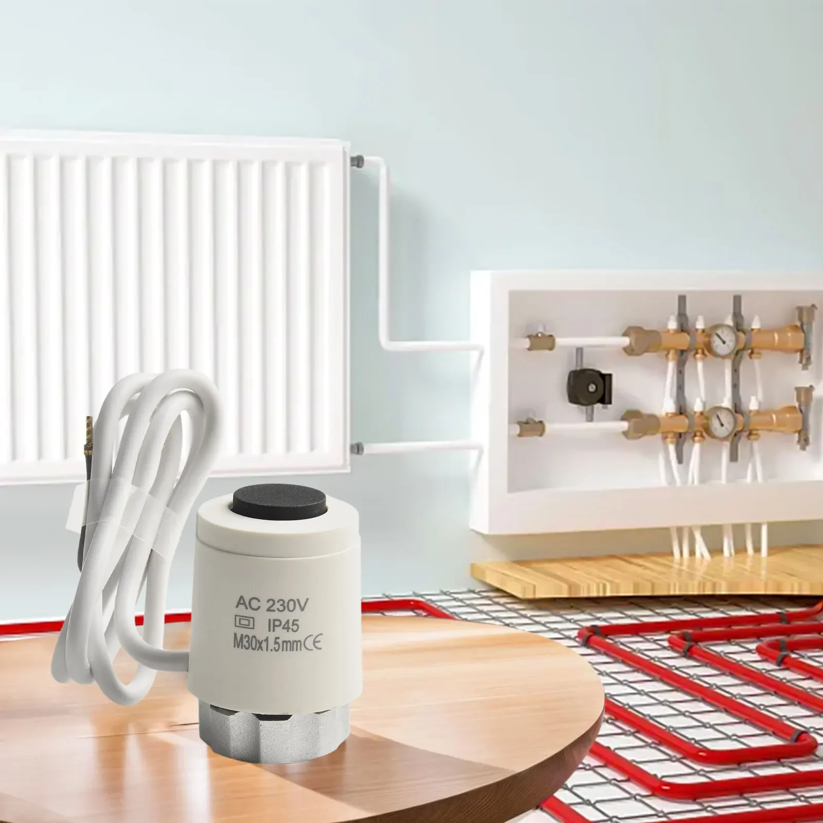 Floor Heating Actuator 230V AC Normally Open Closed Electric Heating Water Distributor LCD Panel Thermostatic Actuator M30x1.5MM