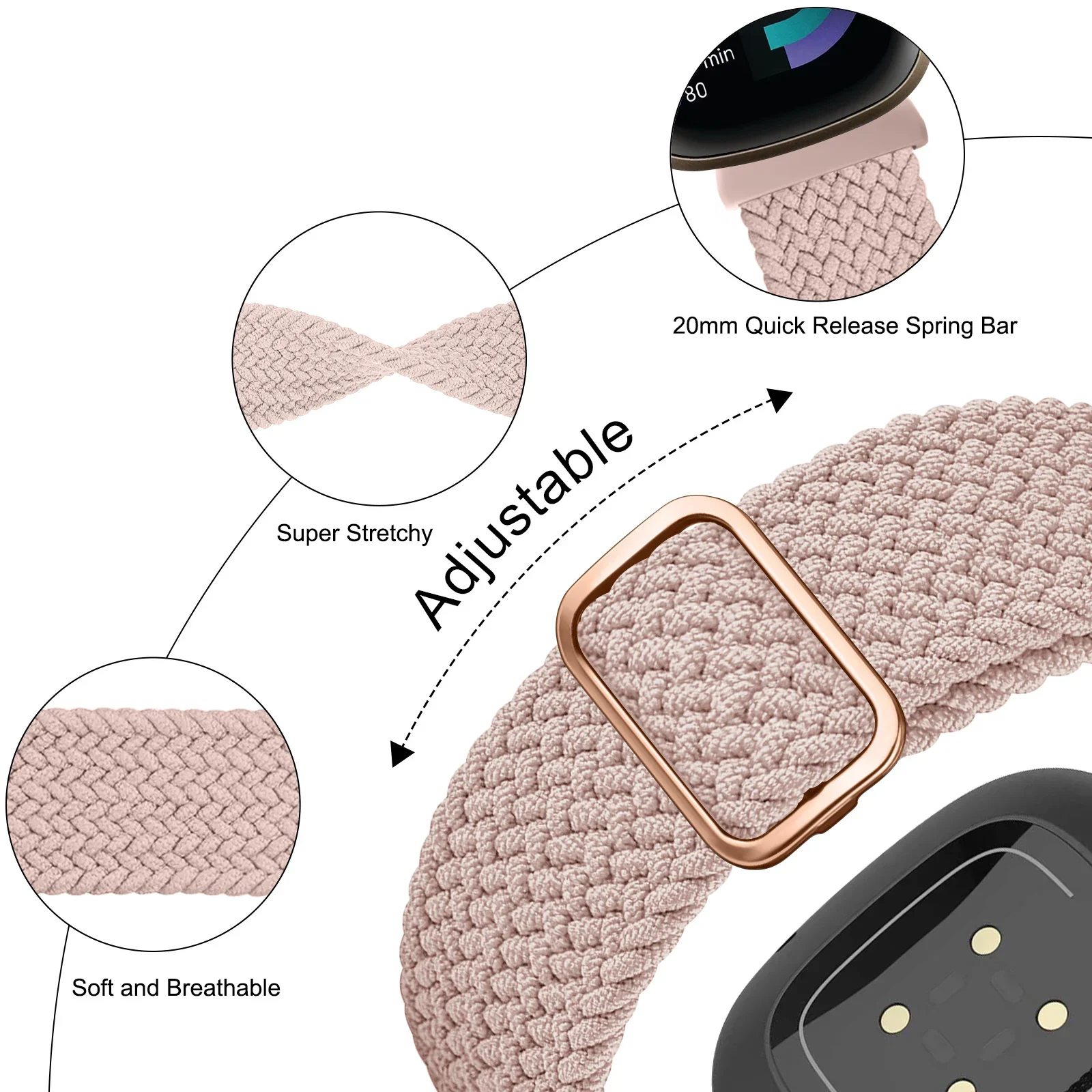 Geflochtener Solo-Schlaufen riemen für Fitbit umgekehrt 3 4-band-verstellbares Nylon-Sport armband für Fitbit Sense/Sense 2-Armband