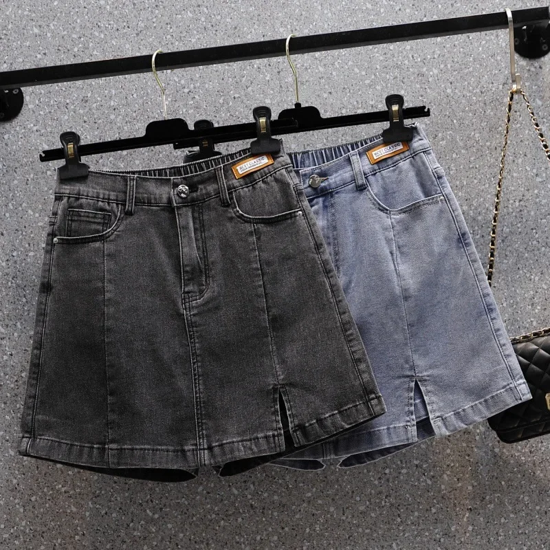 Elastic waisted denim shorts skirt for summer, oversized stretch denim midi skirt, slim and high waisted A-line pants skirt