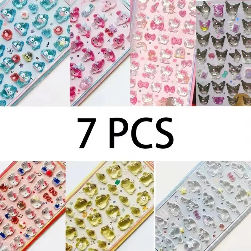 7PCS 3D Sanrio Hellokitty Kuromi Cinnamoroll Stickers Transparent Jelly Crystal Decorative Anime Sticker Phone Case DIY Kids Toy