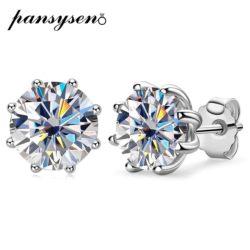 

PANSYSEN 2 Carat Moissanite Earrings 925 Sterling Silver Round Cut Simple Eight-claw Fashion Stud Earring for Women Fine Jewelry