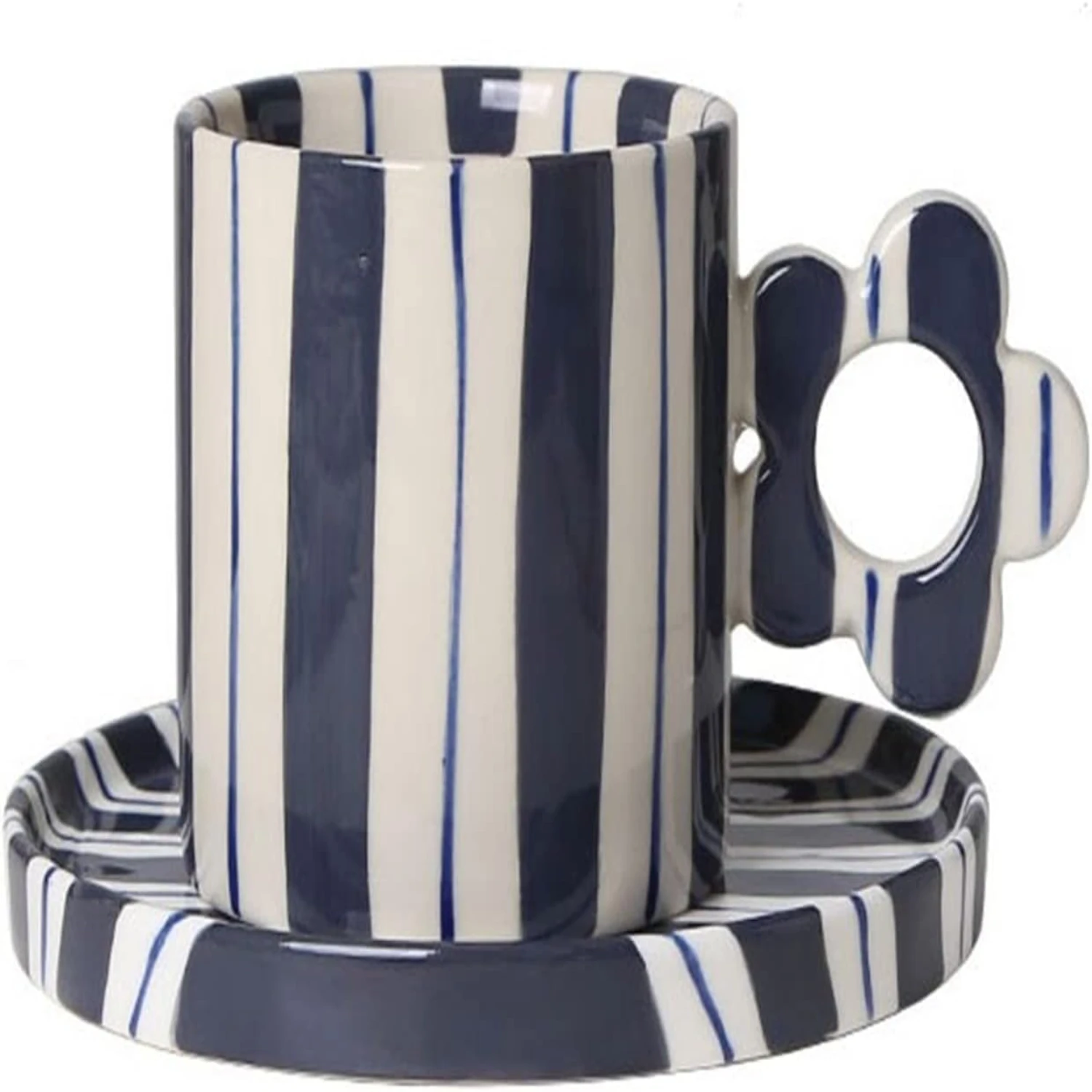 

A practical and stylish Ceramic Tea Cup Set with Striped Flower design for an enjoyable drinking experience - Easy to clean and