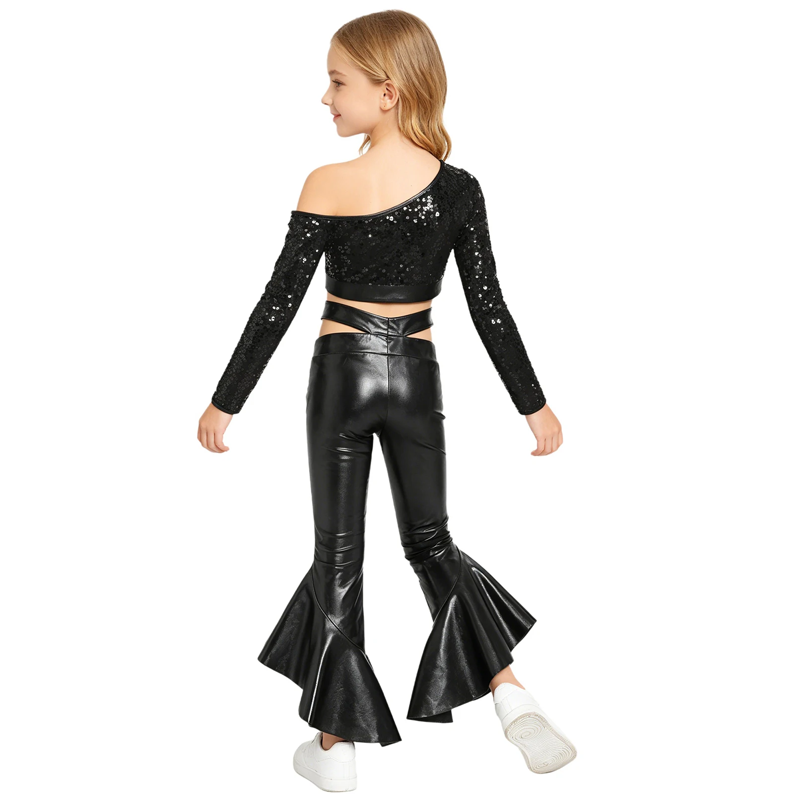 Kids Girls Metallic Disco Jazz Dance Costume Long Sleeve Sequins Crop Top with Shiny Flared Pants for Hip Hop Party Performance