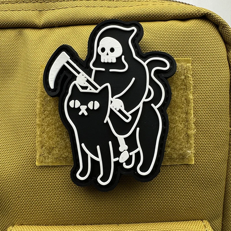 Death Reaper Tactical Backpack Sticker Luminous Azrael Cat PVC Morale Badge Hook and Loop Armband Morality Patch Military Emblem