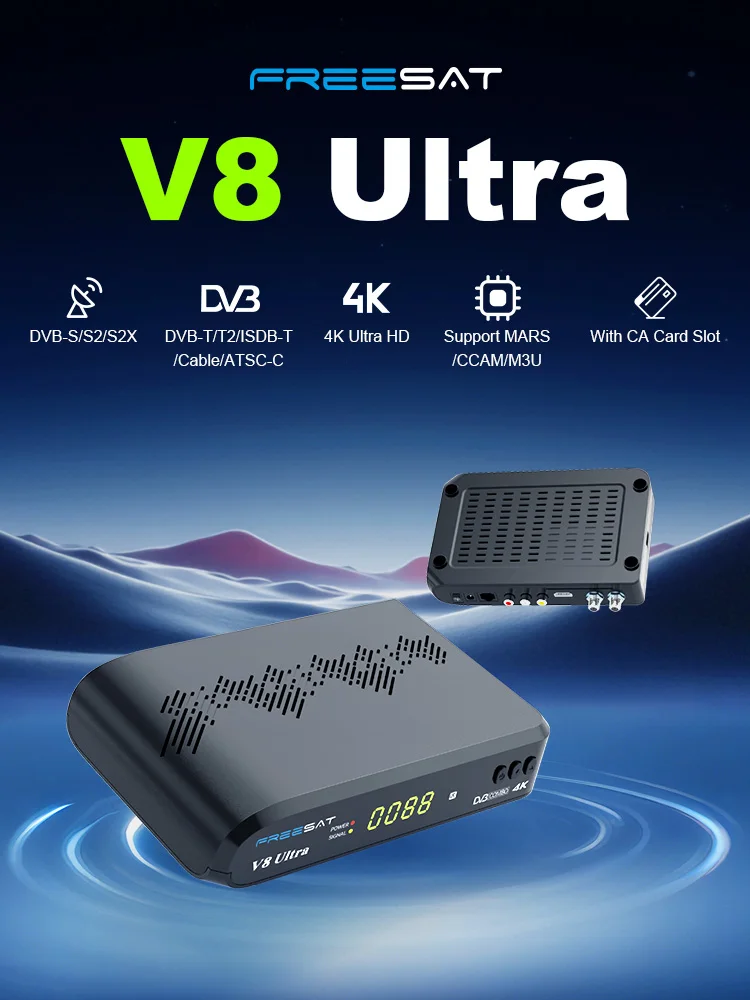 Odbiornik telewizji satelitarnej FREESAT V8 Ultra DVB-S/S2/S2X, DVB-T2/T+C, FUNCAM/MARS/CCAM/M3U z gniazdem na kartę CA, dekoder tuningowy 4K UHD LNB — 2