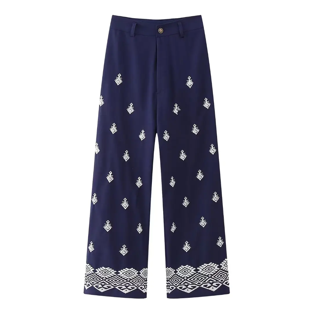 Embroidered Pants Wide Leg Trousers High Waist Casual Bottom Wears Women\'s Clothing