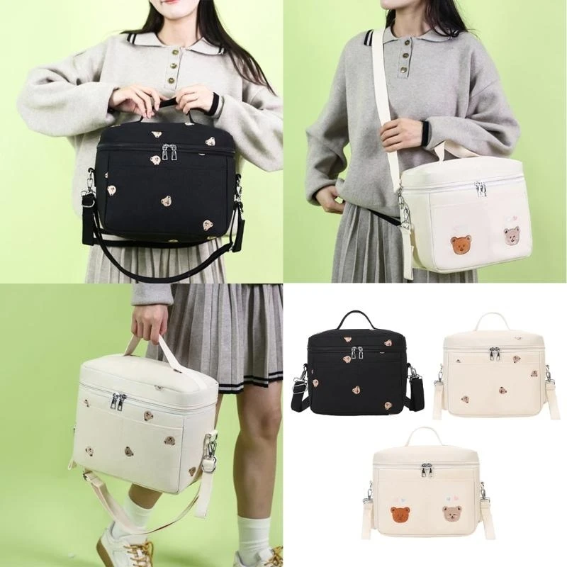 

Mom Bag Travel Thermal Storage Bags Embroidery Bear Crossbody Shoulder Bag Kids Bottle Doll Toy Bag 24BE