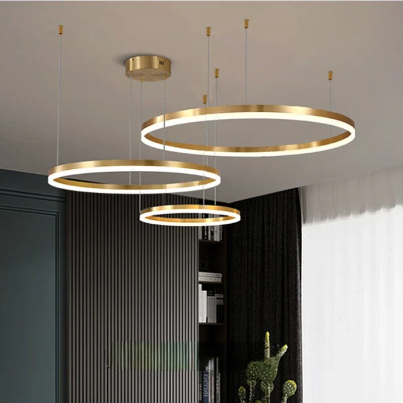 

Home Living Room Decoration Pendant Lights Modern LED Gold Ring All Copper Acrylic Light Source Dining Room Kitchen Hanging Lamp
