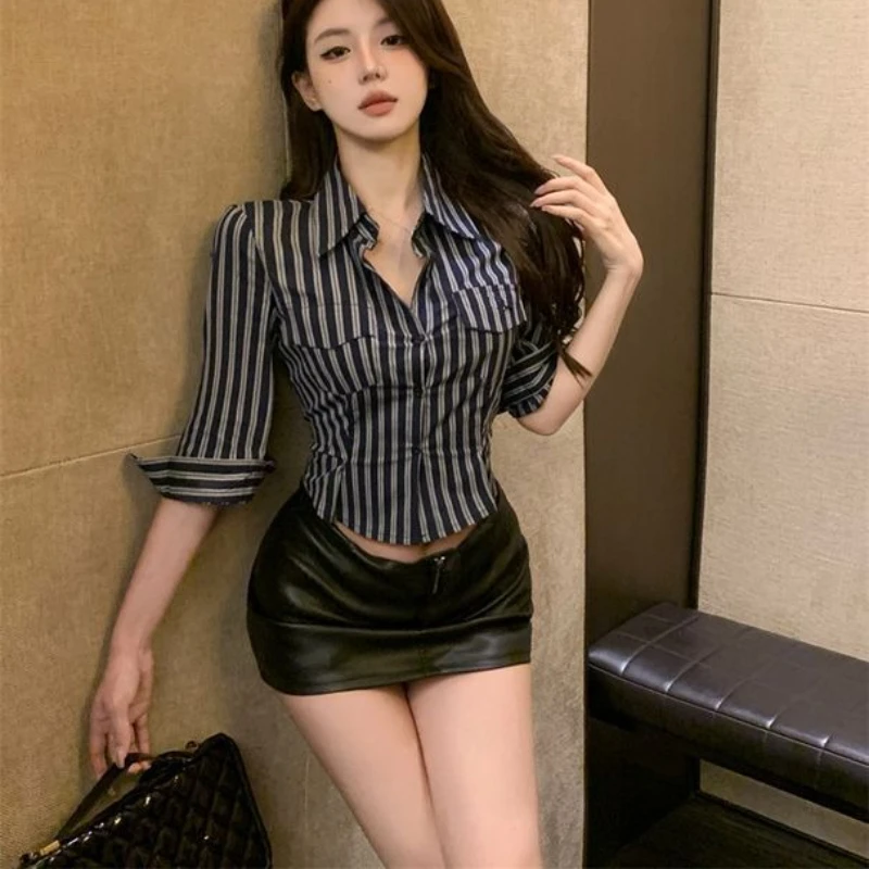 

Deeptown Striped Vintage Women Cropped Shirts Sexy Long Sleeve Office Ladies Korean Fashion Blouses Slim Gyaru Elegant Summer