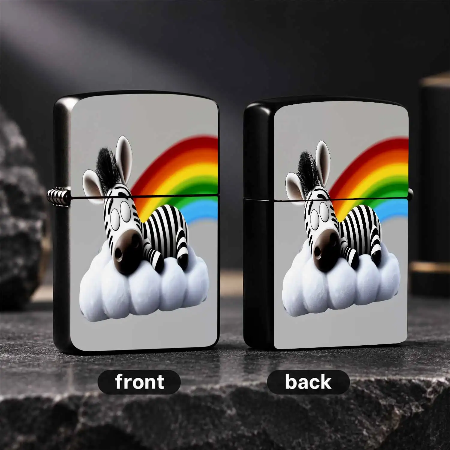 Adorable Cartoon Zebra Resting On Fluffy Cloud Lighter, Cute Playful Design With Dreamy Rainbow Background, Portable Exquisite Delicate Daily Carry Item, Ideal Sweet Festive Birthday Surprise Gift For Friends And Family A Humorous And Inter