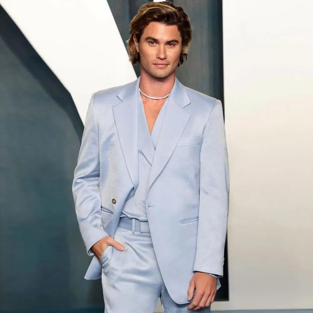 

Light Sky Blue Men's Suit One Button Male Blazer Sets Slim Fit Tuxedos Jacket And Pants Notched Lapel Wedding Groom Wear