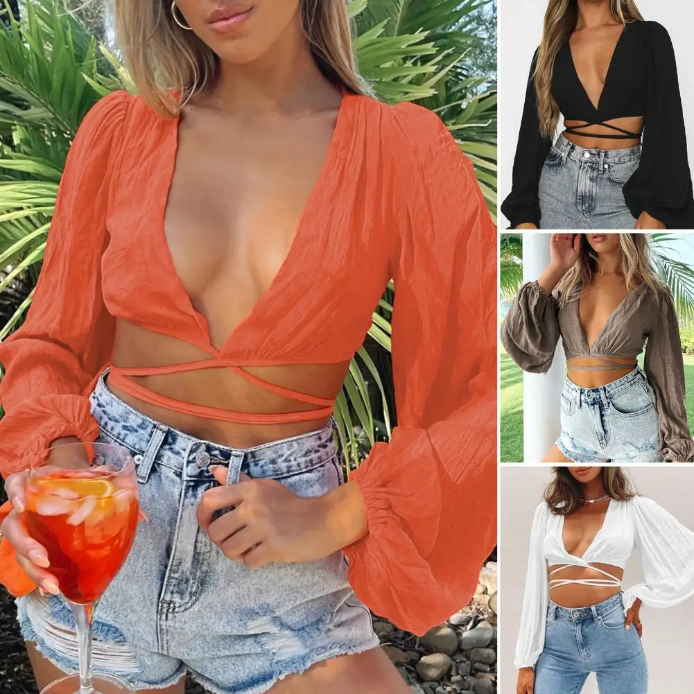 Cross Lace-Up Exposed Navel Breathable Women Blouse Deep V-neck Lantern Sleeve Shirt Top Sexy Sweet Girls Party Holiday Blouse