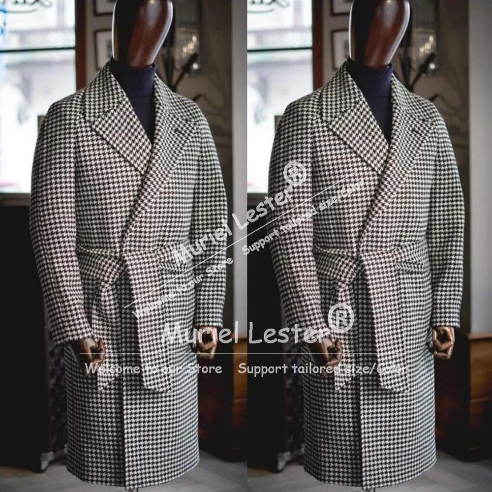 Classic Houndstooth Men's Suit Jacket Long Double Breasted Prom Blazer Customized Man Business Coat Outfits Groom Tuxedos 2026