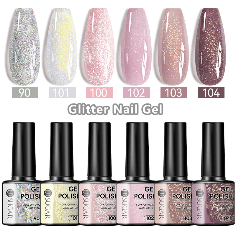 UR SUGAR 7ml Champagne Gold Sequins Gel Nail Polish Bright Sparkling Glitter French Semi Permanent Nail Painting UV Gel - Lakier Hybrydowy do Paznokci z Brokatem w Odcieniu Szampańskiego Złota, Błyszczący, Efekt Francuskiego Manicure, Półtrwały, Lakier UV