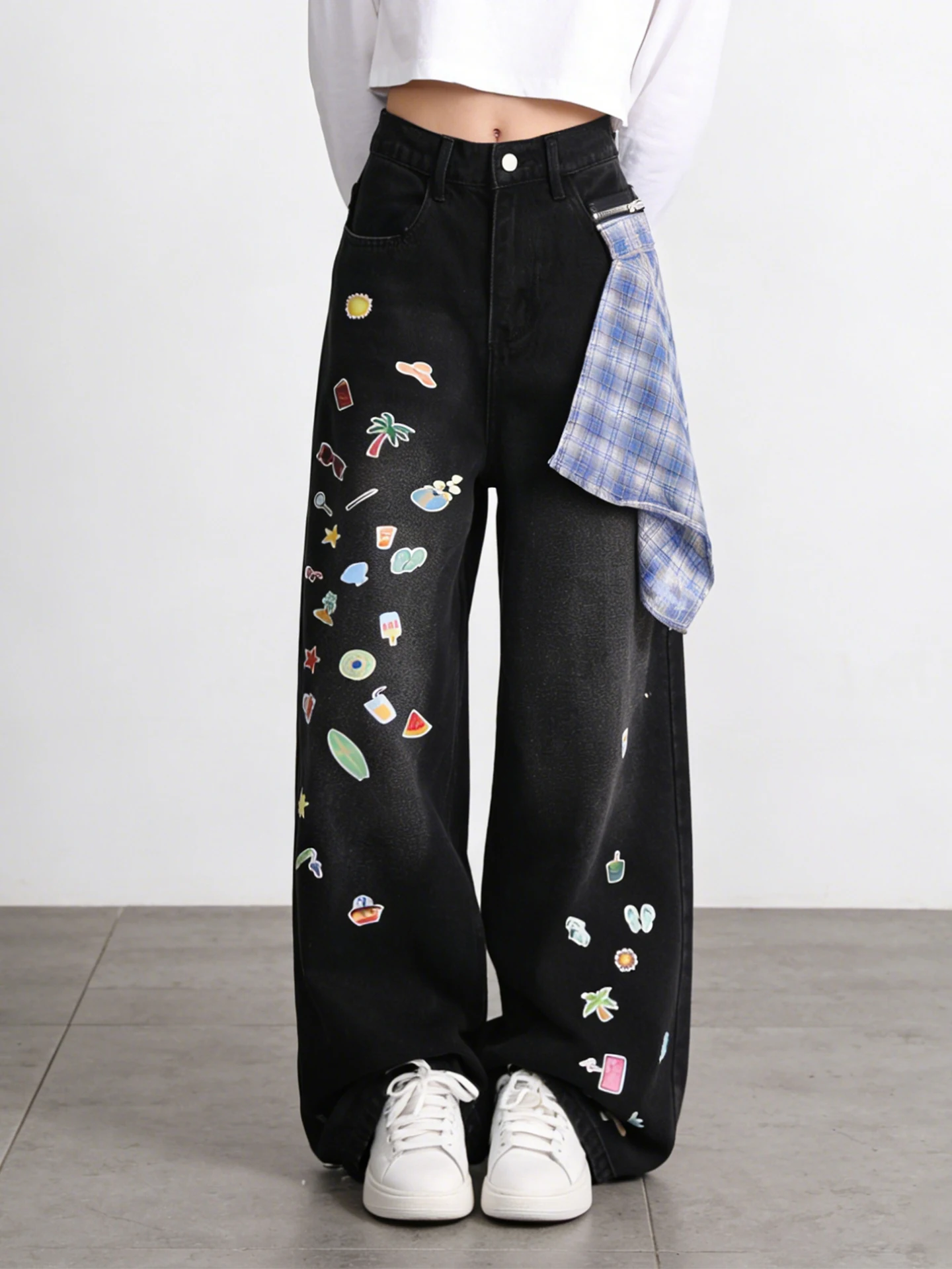 

Large Size Women's Cartoon Print Loose Straight Leg Jeans Retro Waed Denim Pants High Waist Wide Leg Trousers Casual Wear