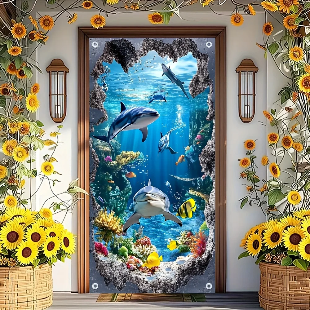2D-Türvorhang, 1 Stück. Türvorhang mit Meeresmotiv – Lebendige Unterwasserlandschaft mit Delfinen und tropischen Fischen.