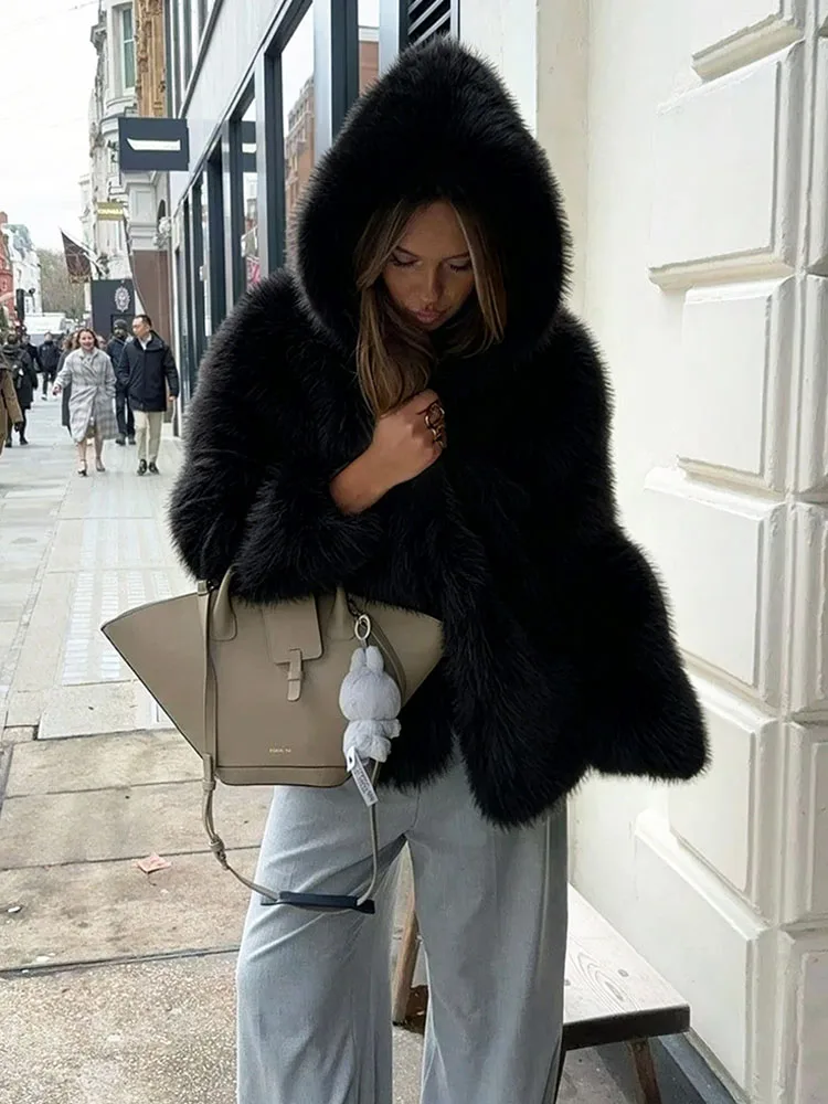 European Style Hooded Faux Fur Coat Women Autumn Winter Solid Color Thicken Warm Loose Outerwear Streetwear Trend Plush Jackets