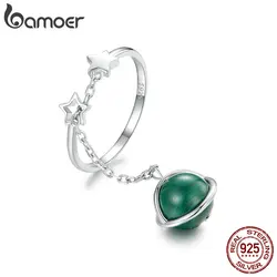 BAMOER 925 Sterling Silver Natural Malachite Chain Double Layer Ring Double Stars Adjustable Ring for Women Fine Jewelry SCR1034