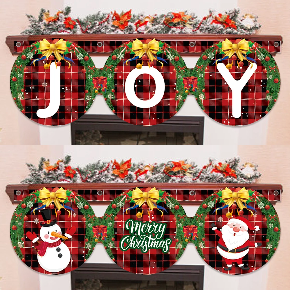 Christmas Banner Decorations Plaid Christmas Ornaments JOY Sign Santa Xmas Backdrop Christmas Decor For Home 2024 Navidad Noel