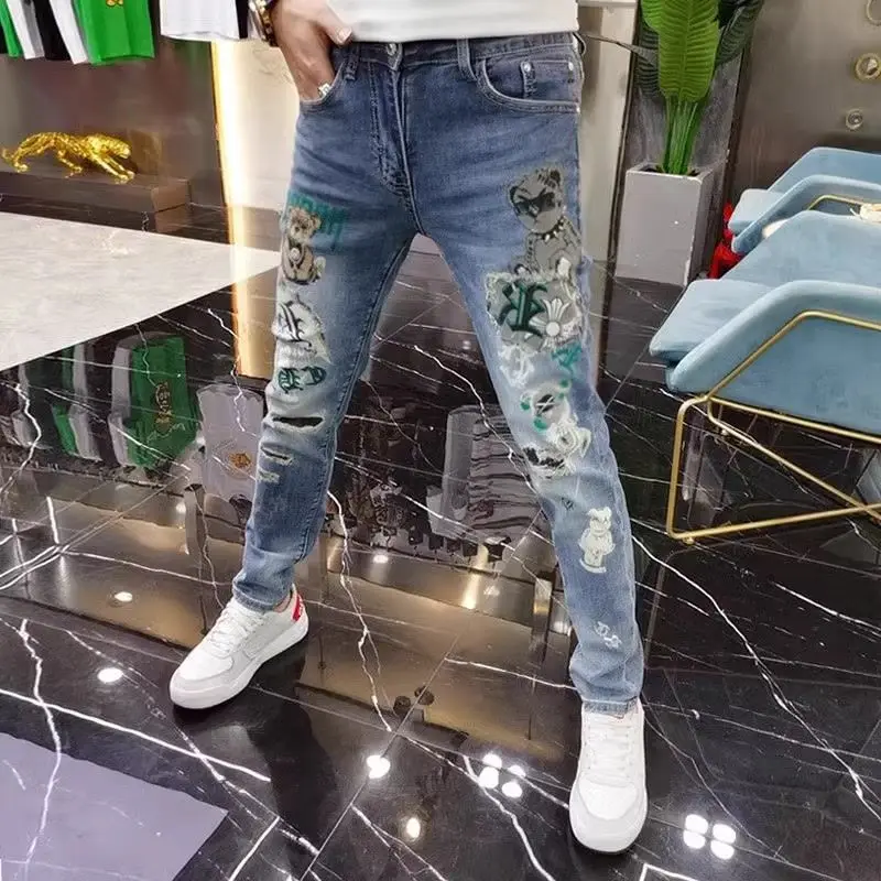 New Jeans Kpop Luxury Designer Clothes Korean Style Fashion Spring Autumn Denim Jeans Bear Printing Pants Men's Luxury Trousers