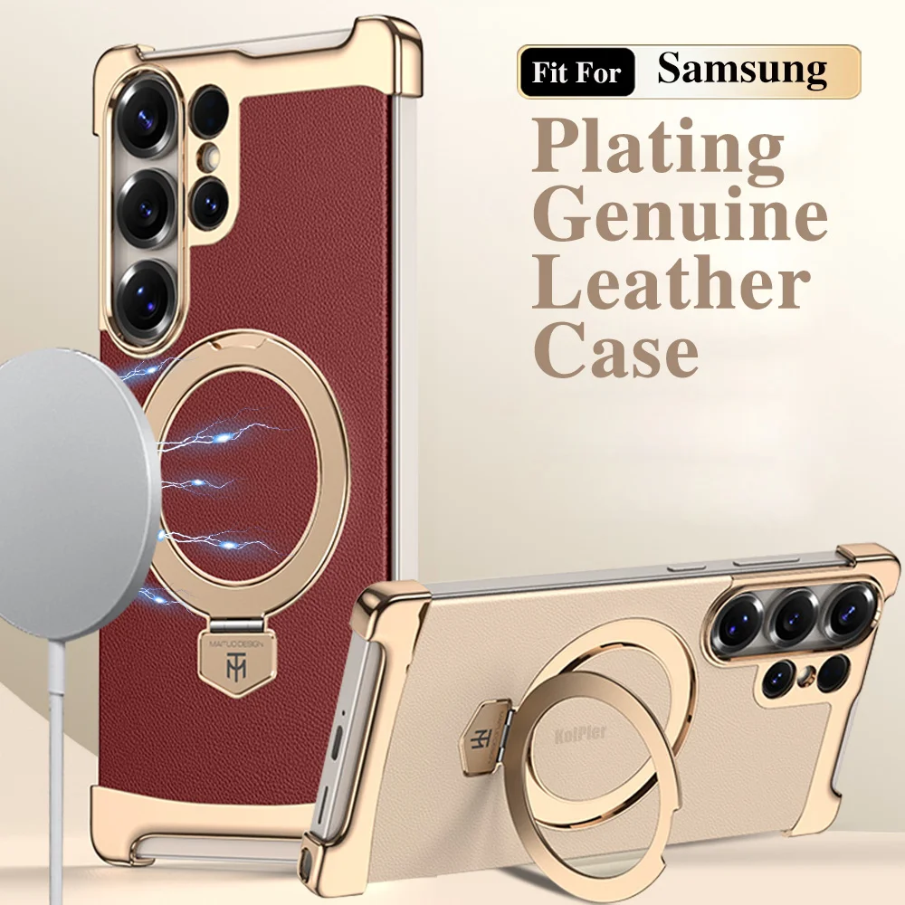 

Чехол для телефона с магнитным держателем для Samsung Galaxy S25 24, ультра без границ, простой кожаный чехол Fulcrum