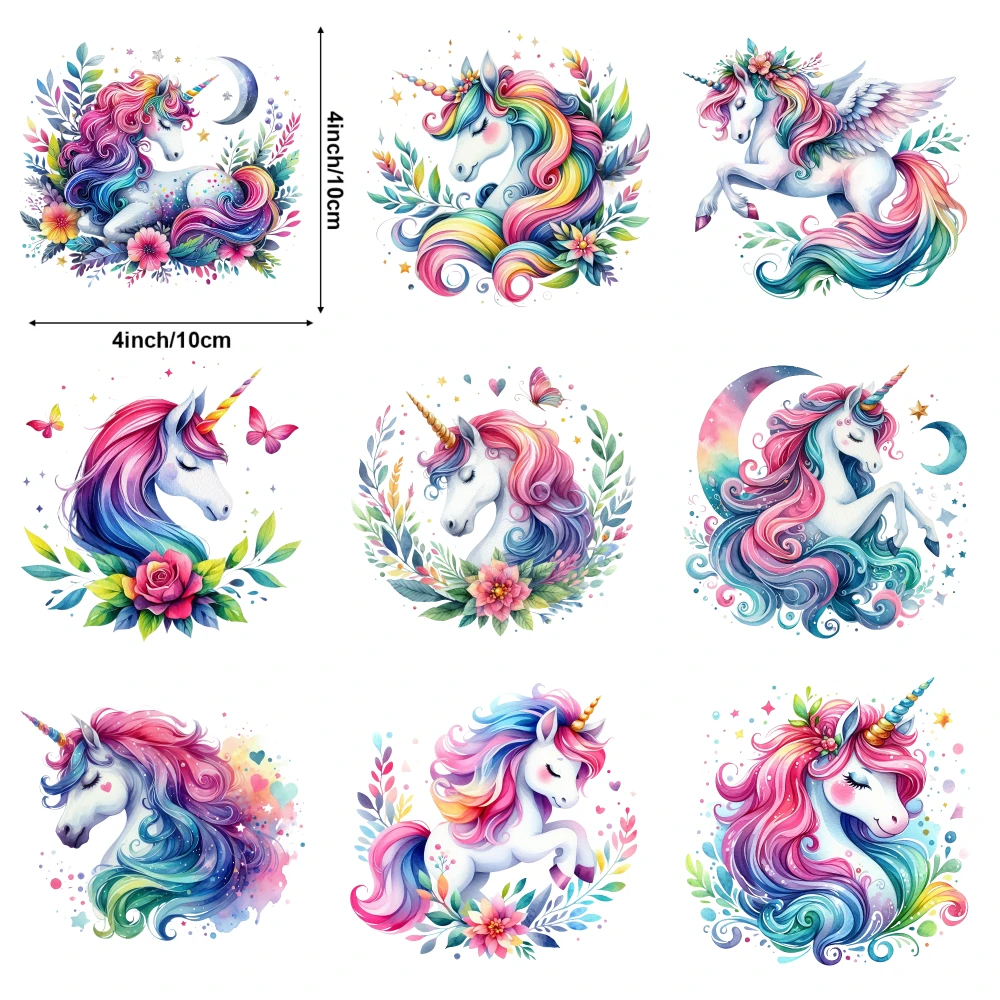 9 Pcs Unicorn Floral Iron on Transfers Washable heat transfer stickers Transfers Sticker On Clothes DTF Transfers Ready Press