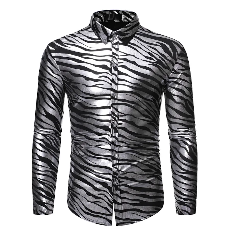 2025 Disco Nightclub Stamping Wave Pattern Gold Men\'s Shirts ,Multicolor Fashion Cool Sequins Stamping Dance Camisas De Hombre