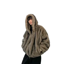 Men's Fashion Faux Fur Coat Winter Warm Hooded Fur Jacket For Male Thick Thermal Fur Overcoat Outerwear Windproof