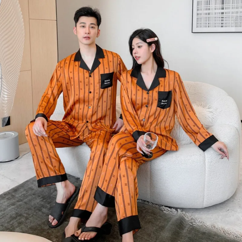 

New Fashionable Striped Couple Pajamas Spring And Autumn Ladies Ice Silk Long Sleeve Senior Sense Men High Quality Pyjamas Suit