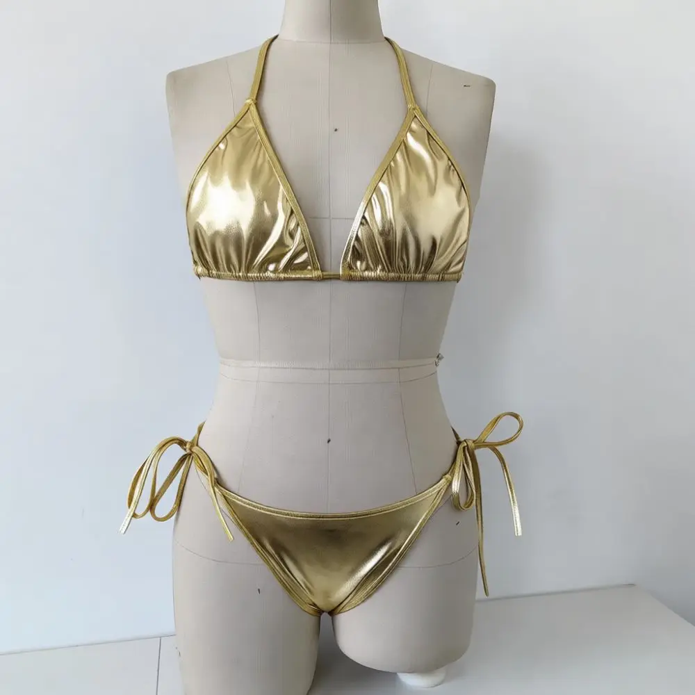 Sexy Patent Leather Bikini Set Women Hollow Out Split Swimwear Summer Beach Pool Party Bathing Suit Chic Wear Style