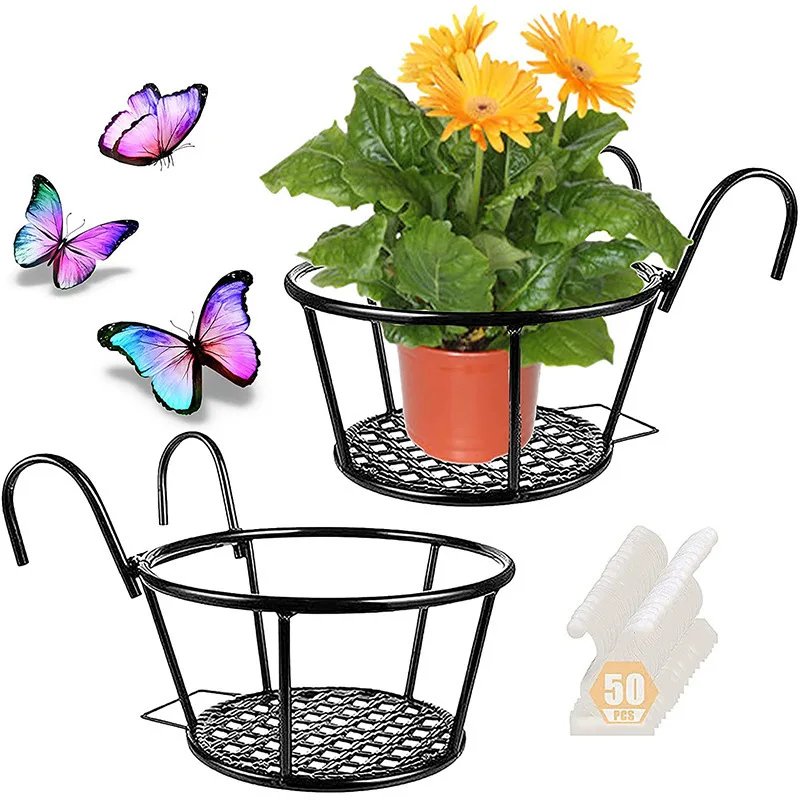 1Pc Iron Art Hanging Baskets Flower Pot Balcony Hanging Plant Round Racks Railing Fence Outdoor Window Bonsai Stand Decoration