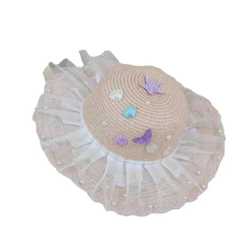 Large Lace Brim Summer Bucket Hat Beach Travel Straw Weaving Fisherman Hats for Toddler Skin-friendly Hats Sunproof Cap