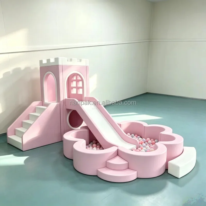 All-in-one Soft Play Castle Slide with Flower Ball Pit Indoor Toddler Foam Play Equipment for Play Cafe Daycare Party Event Hire