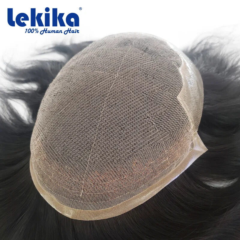 

New Q6 Male Hair Prosthesis Knotted PU Base & Lace Man Wig Toupee For Men 100% Human Hair System Men's Wig Prosthetic Hair Men